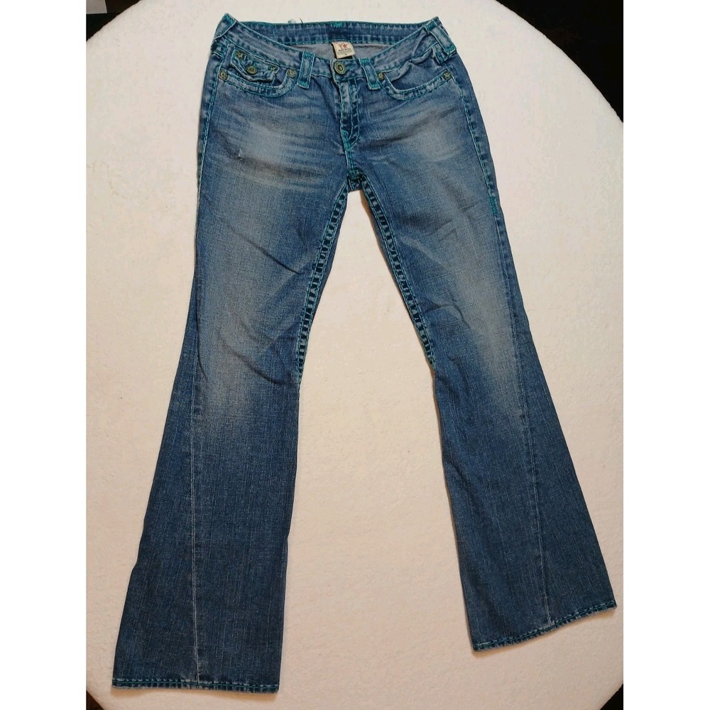True Religion Joey Jeans Womens 32 Flare Big T Teal Stitch Low Rise Twisted Y2K
